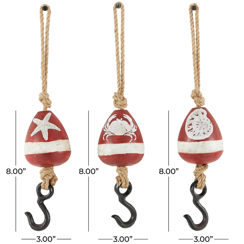 Red Wood Buoy Wall Hook with Jute Rope and Metal Hook Set