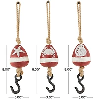 Red Wood Buoy Wall Hook with Jute Rope and Metal Hook Set