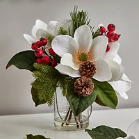 12" Magnolia, Pine & Berry Arrangement in Glass Vase