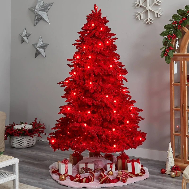 8ft. Pre-Lit Red Flocked Fraser Fir Artificial Christmas Tree, Red Lights