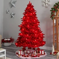8ft. Pre-Lit Red Flocked Fraser Fir Artificial Christmas Tree, Red Lights