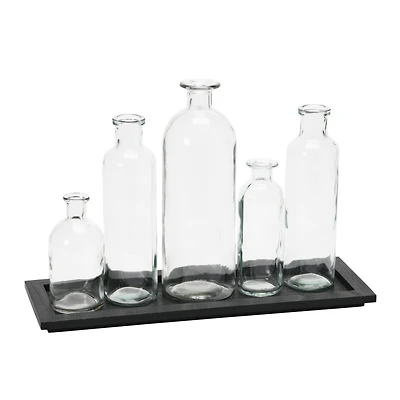 Hello Honey® Black Wood Tray with Glass Bottle Vases Set