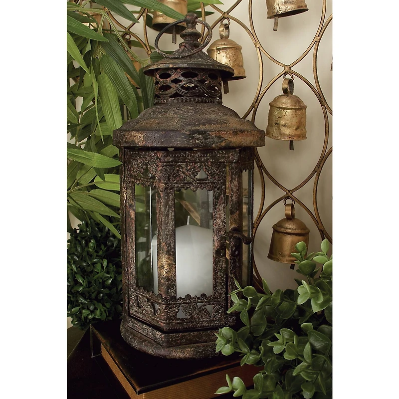 Brown Iron Rustic Candle Holder Lantern, 13" x 6" x 6"