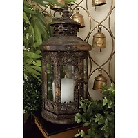 Brown Iron Rustic Candle Holder Lantern, 13" x 6" x 6"