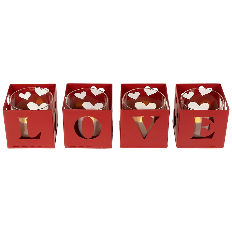 Valentine's Day Red Love Blocks Metal Votive Candle Holders Set