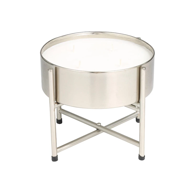 55oz. Sweet Bamboo Scented White 4 Wick Candle in Silver Bowl with Stand