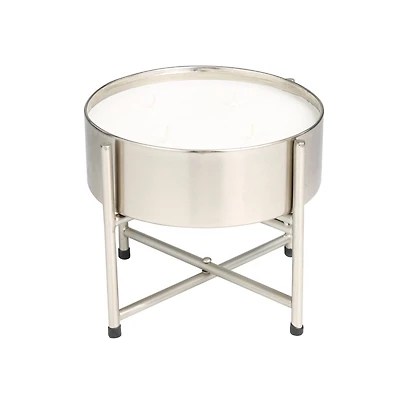 55oz. Sweet Bamboo Scented White 4 Wick Candle in Silver Bowl with Stand