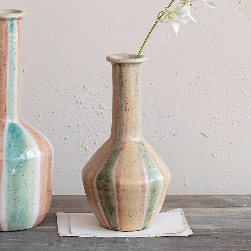 Hello Honey® 10.5" Green & Cream Hand-Painted Crackle Glaze Terra Cotta Vase with Tall Neck