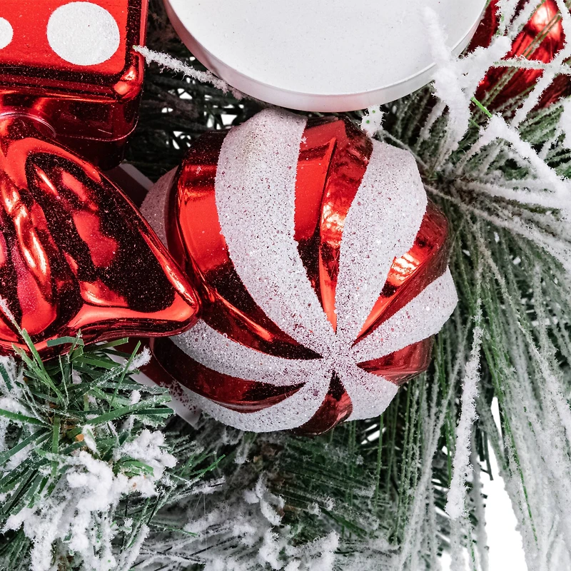 Triple Candle Holder with Flocked Pine and Christmas Ornaments - 32" - Red and White