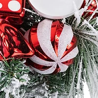 Triple Candle Holder with Flocked Pine and Christmas Ornaments - 32" - Red and White