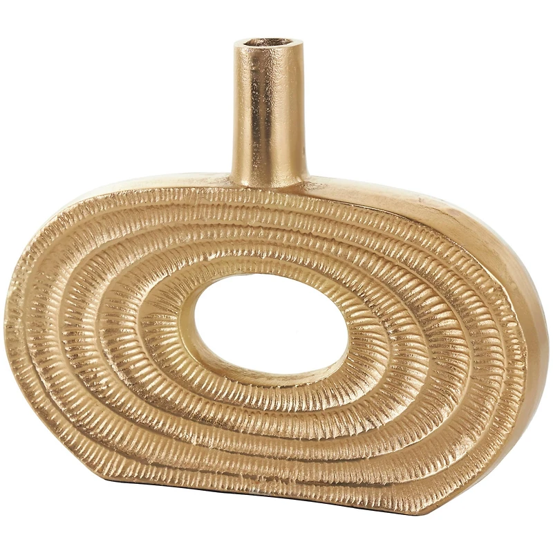 10" Gold Aluminum Geometric Circular Vase with Linear Etchings