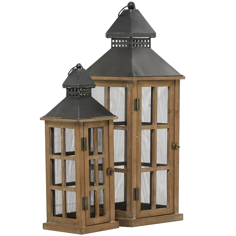 Brown Wood Lighthouse Style Candle Lantern Set