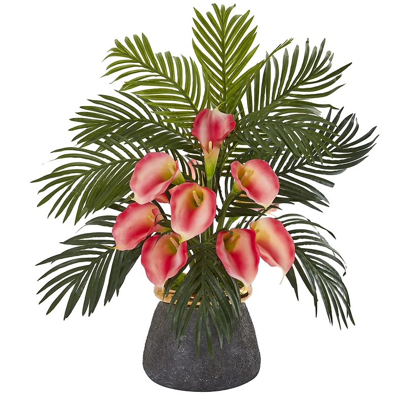 2ft. Calla Lily & Areca Palm Artificial Arrangement in Stoneware Vase