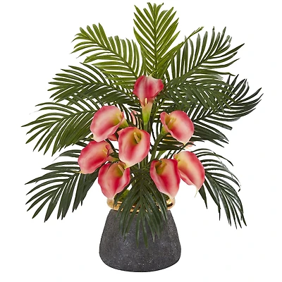 2ft. Calla Lily & Areca Palm Artificial Arrangement in Stoneware Vase