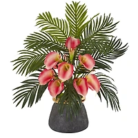 2ft. Calla Lily & Areca Palm Artificial Arrangement in Stoneware Vase