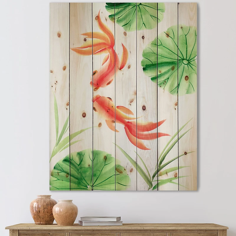 Designart - Goldfishes Among The Lotus Leaves - Nautical & Coastal Print on Natural Pine Wood