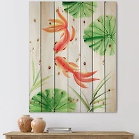 Designart - Goldfishes Among The Lotus Leaves - Nautical & Coastal Print on Natural Pine Wood