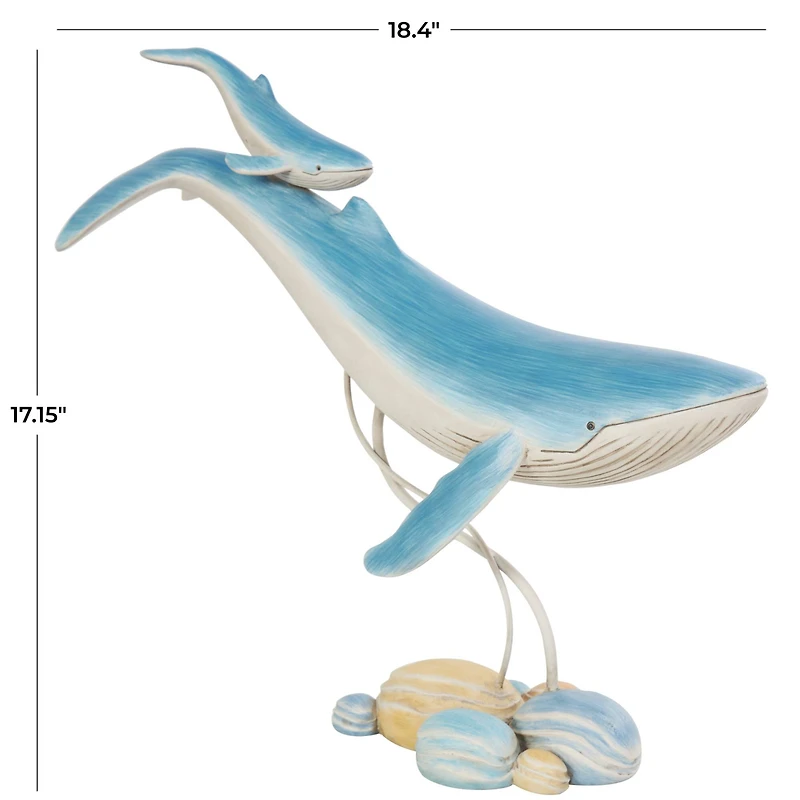 18.5" Blue Polystone Swimming Whale Parent & Child Sculpture Décor