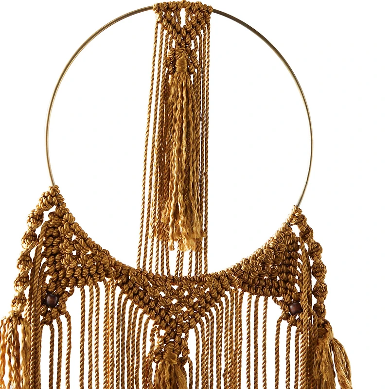 Brown Fabric Intricately Weaved Macrame Wall Decor with Beaded Fringe Tassels 10" x 1" x 38"