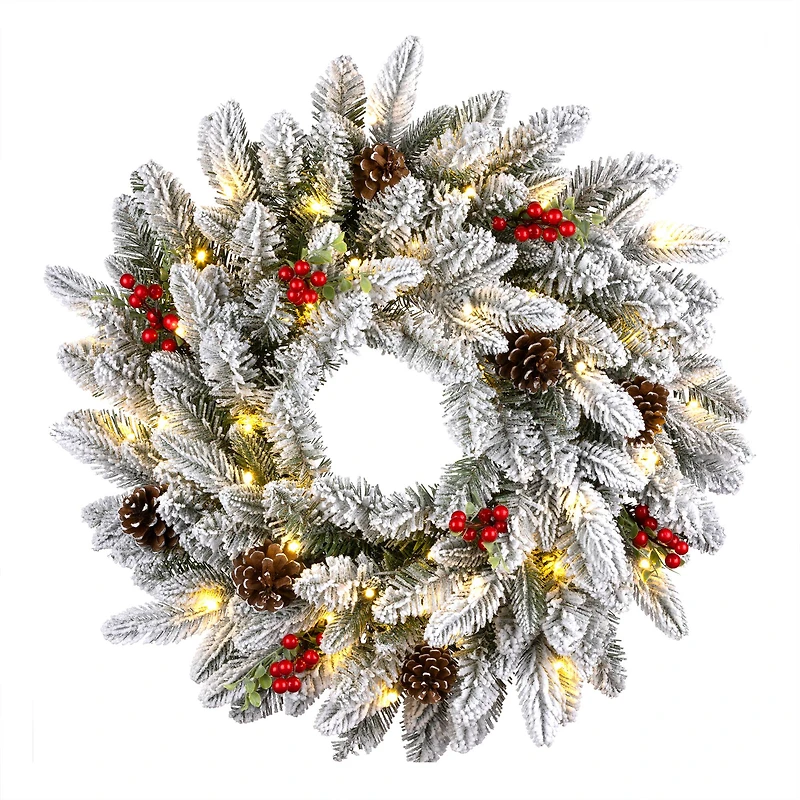 24" Snowberry Warm White LED Pre-Lit Pine Wreath
