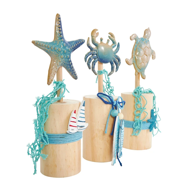 11" Blue Ceramic Sea Life Ombre Sculpture Set