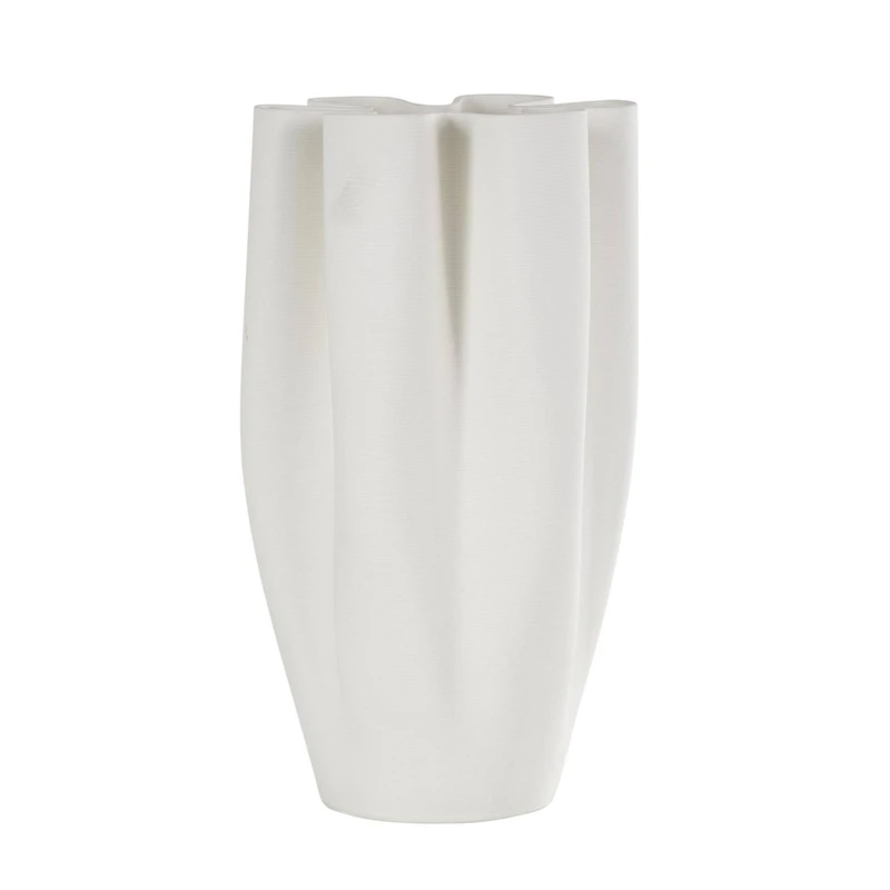 White Ceramic Abstract Ribbed Dimensional Folded Vase with Floral Shaped Rim