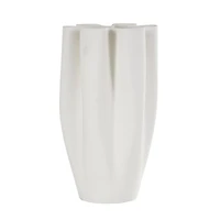 White Ceramic Abstract Ribbed Dimensional Folded Vase with Floral Shaped Rim