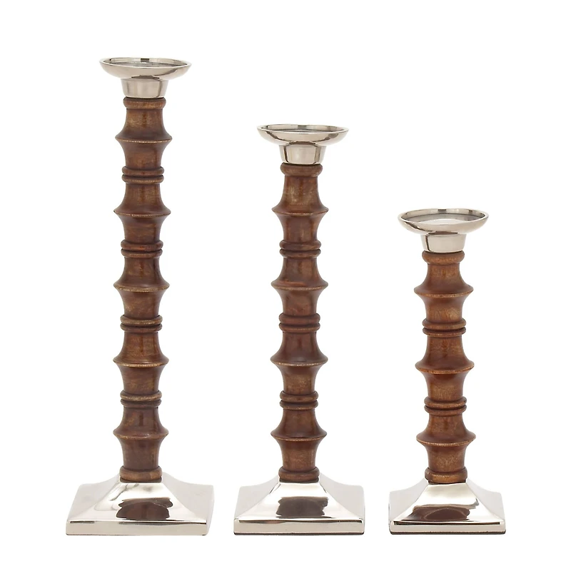 Brown Wood & Aluminum Pillar Candle Holder Set