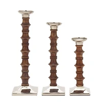 Brown Wood & Aluminum Pillar Candle Holder Set