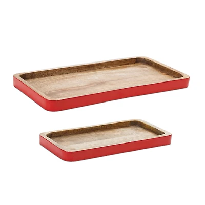 Red Trimmed Wooden Tray Set