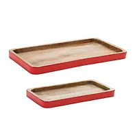 Red Trimmed Wooden Tray Set