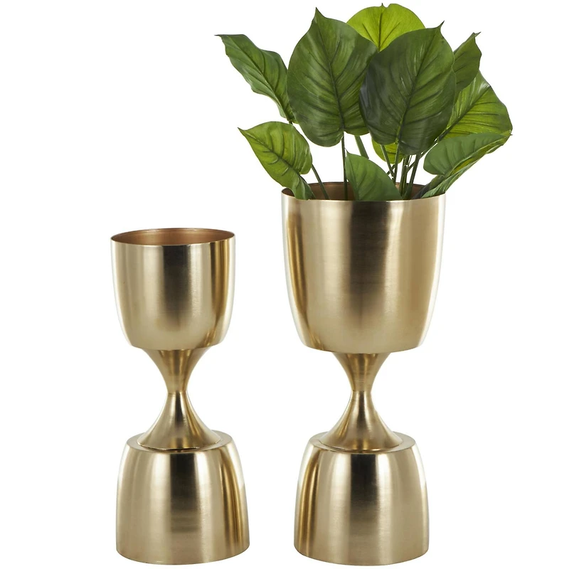Gold Hourglass Shaped Metal Planter Set with Elevated Base