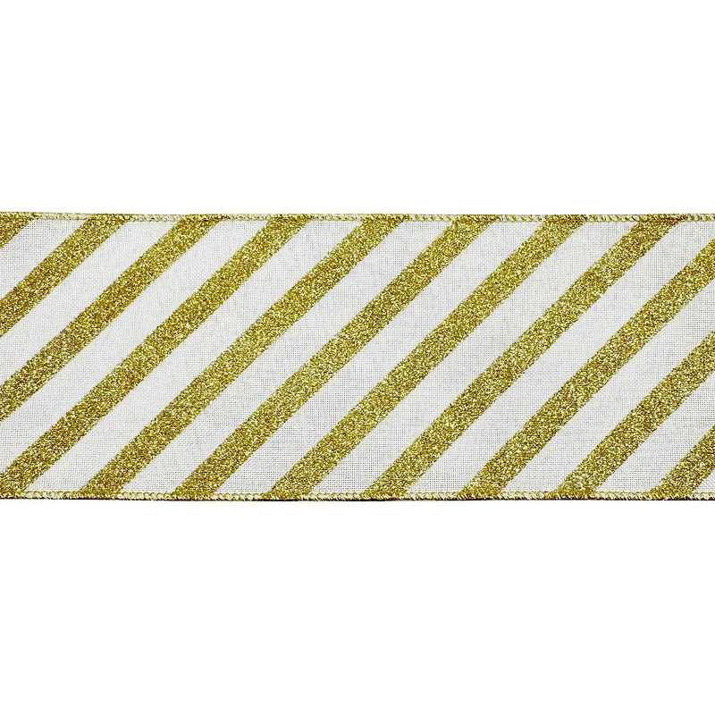 3.5" x 15ft. Gold Glitter Diagonal Stripes Wired Faux Linen Ribbon by Celebrate It®