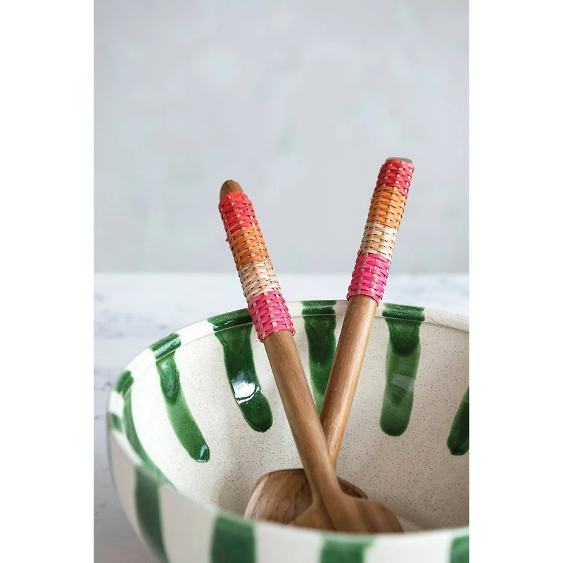 Hello Honey® 12" Teakwood Kitchen Salad Servers with Rattan Wrapped Handles & Drawstring Bag