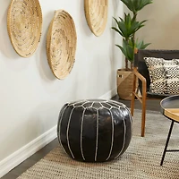 24" Black Leather Moroccan Floral Pouf with White Stitching