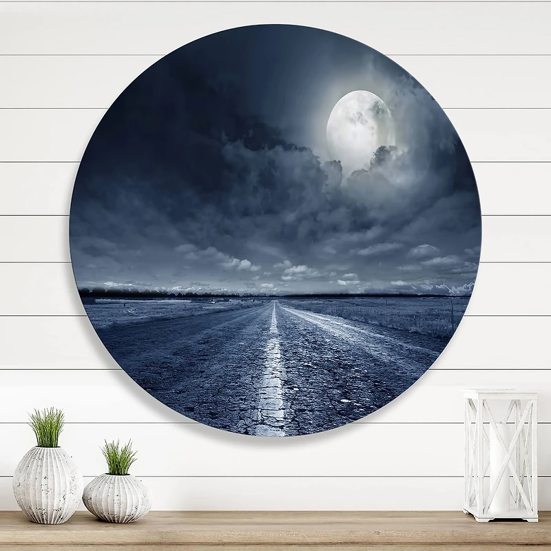 Designart - Asphalt Road Under Cloudy Full Moon I