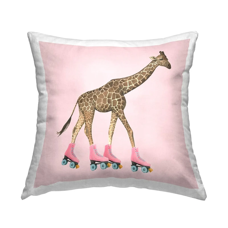 Stupell Industries Funny Giraffe Wearing Roller Skates Over Pink Throw Pillow 18" x 18"