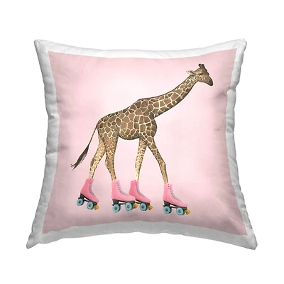 Stupell Industries Funny Giraffe Wearing Roller Skates Over Pink Throw Pillow 18" x 18"