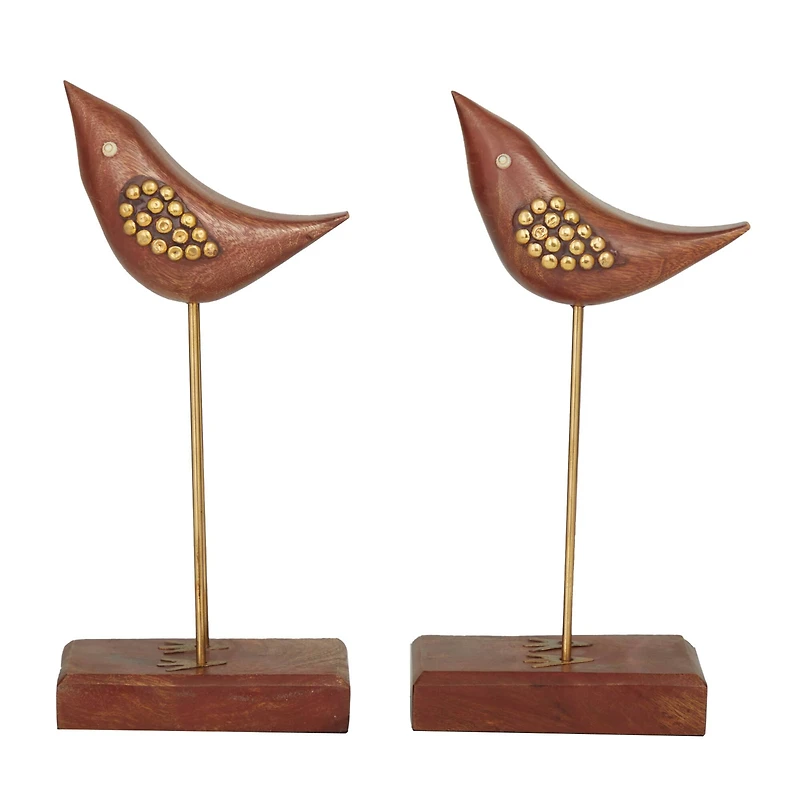 Brown Wood Traditional Bird Sculpture, Set of 2" 3", 10"