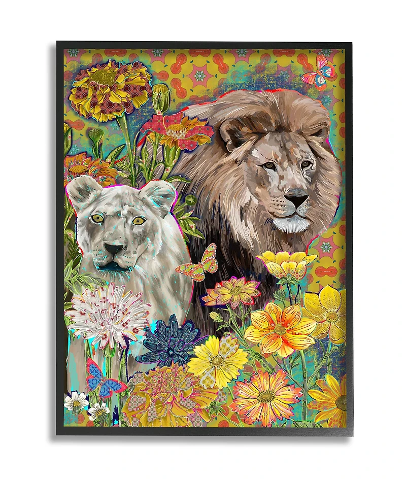 Stupell Industries Lion Couple Behind Tropical Florals Arabesque Pattern in Frame Wall Art