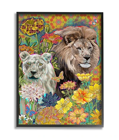 Stupell Industries Lion Couple Behind Tropical Florals Arabesque Pattern in Frame Wall Art