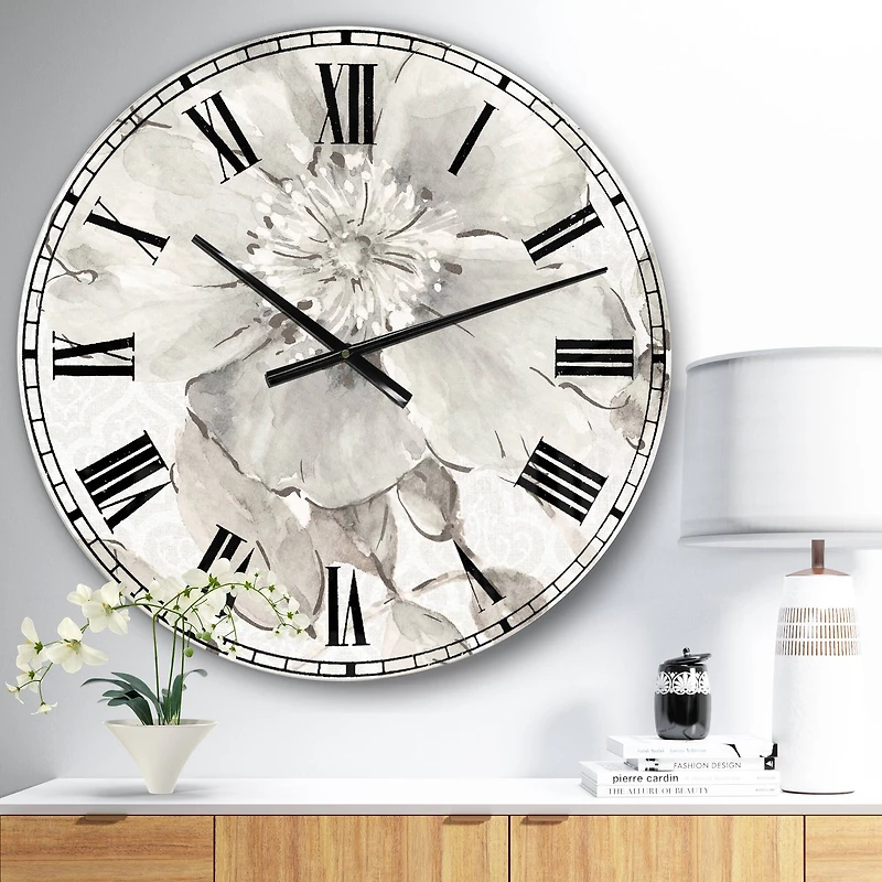 Designart Indigold Grey Peonies I Traditional Wall Clock