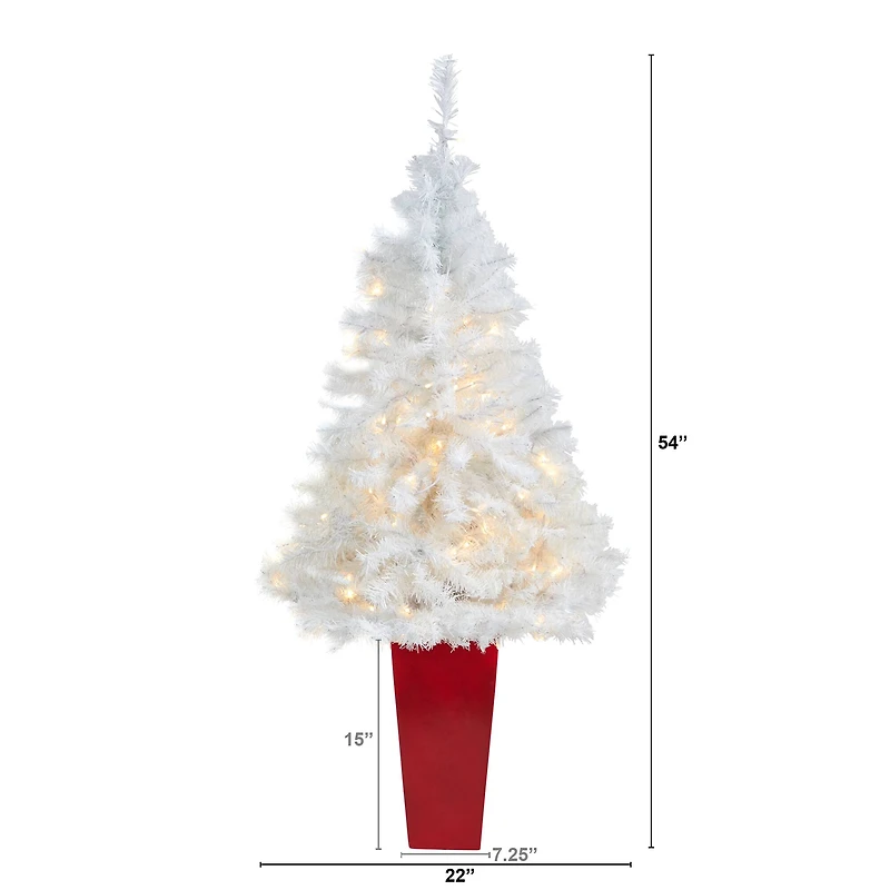 4.5ft. Pre-Lit White Artificial Christmas Tree in Red Planter, Clear LED Lights