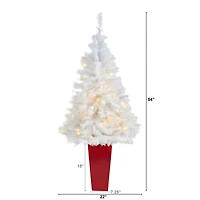 4.5ft. Pre-Lit White Artificial Christmas Tree in Red Planter, Clear LED Lights