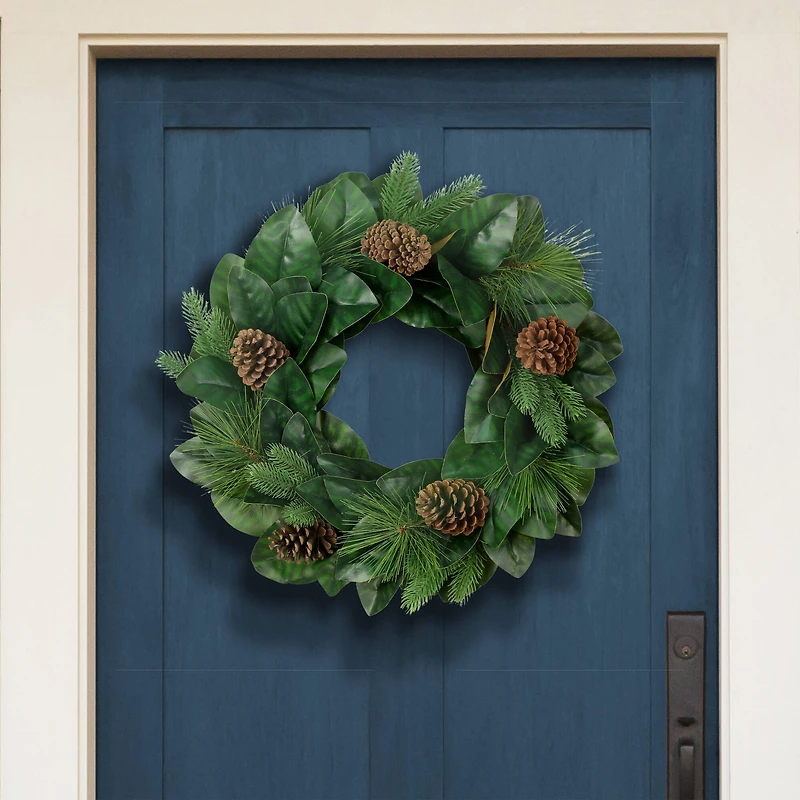 24" Magnolia Leaves & Pinecones Wreath