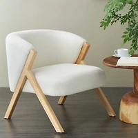 White Polyester Rounded Boucle Accent Chair with Angled Wooden Legs
