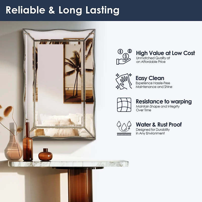 Head West Champagne Silver 24" x 36" Beaded Glass Scalloped Beveled Accent Vanity Mirror