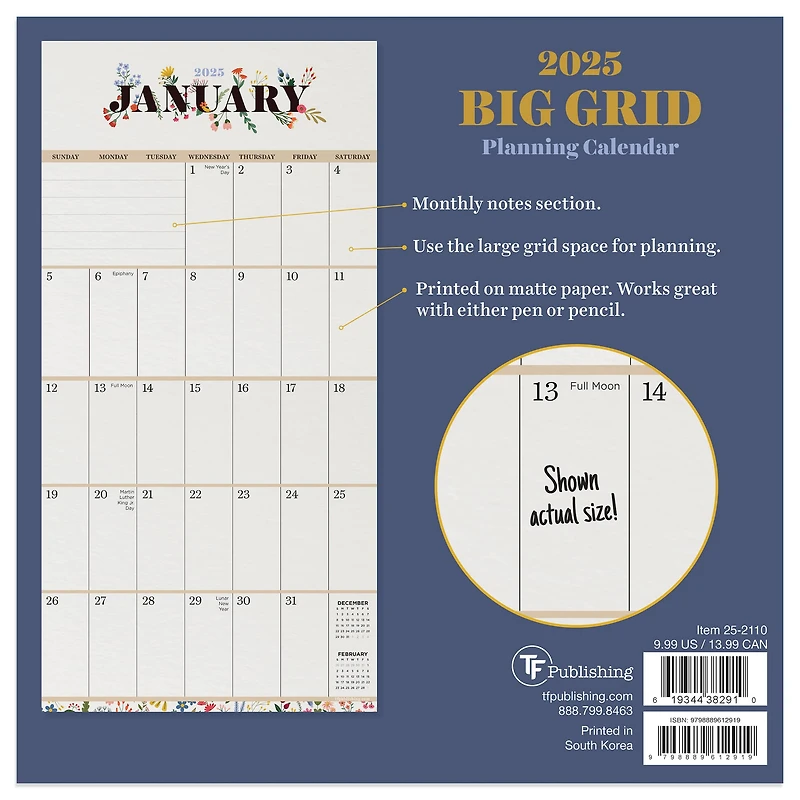 TF Publishing 2025 Big Grid-Floral Mini Calendar