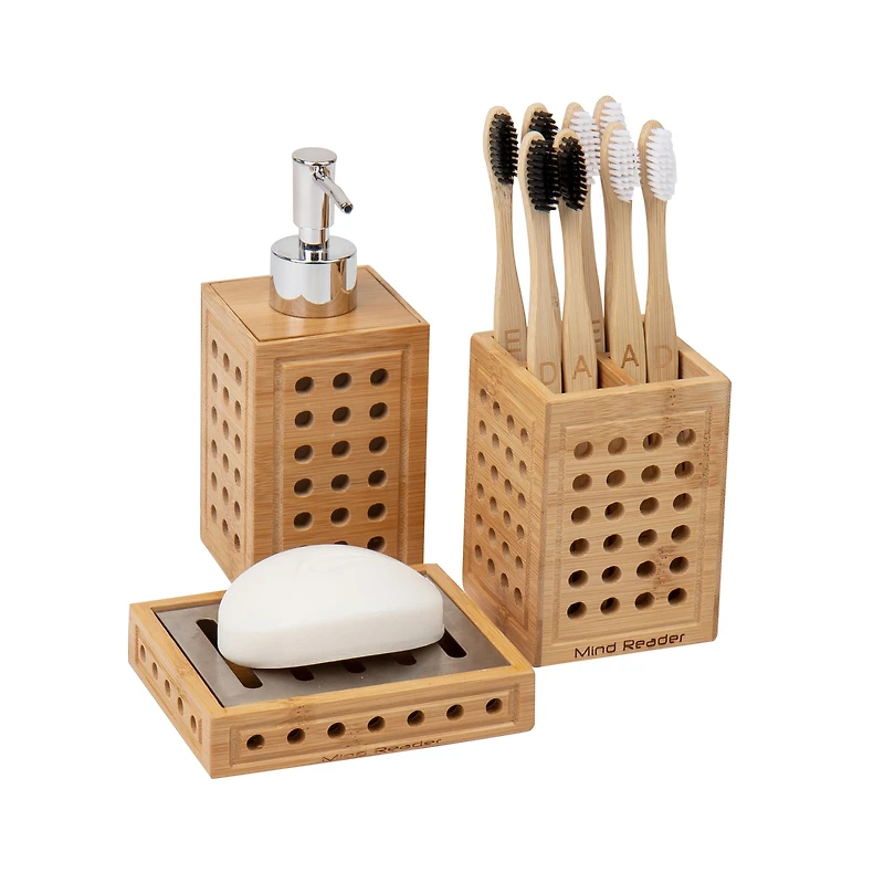 Mind Reader Lattice Bamboo Soap Dish, Liquid Dispenser & Toothbrush Holder Set