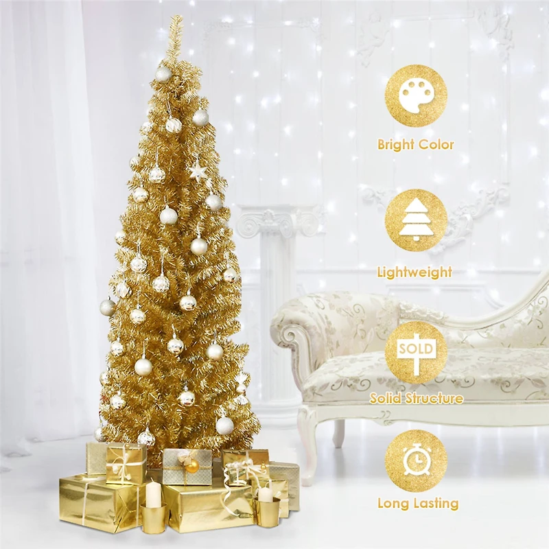 Costway 6ft. Unlit Champagne Gold Tinsel Slim Christmas Tree
